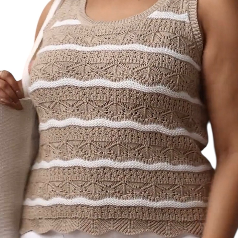 LC Lauren Conrad Sweater Tank 4X Plus Pointelle‎ Knit Scoopneck Tan White Stripe